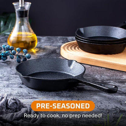 Bruntmor 6, 7.5, 10 Inches Black Pre-seasoned Cast Iron Frying Pan Set of 3, Oven Safe Cast Iron Skillet, Cast Iron Grill Pan Set, Nonstick Cookware And Bakeware For Casserole Dish