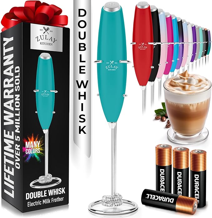 Zulay Kitchen Whisk Milk Frother with 4 Duracell Batteries - Powerful Handheld Foam Maker for Coffee, Lattes, Matcha, Hot Chocolate & Cappuccinos - Whip Creamy Froth in Seconds by ZulayKitchen
