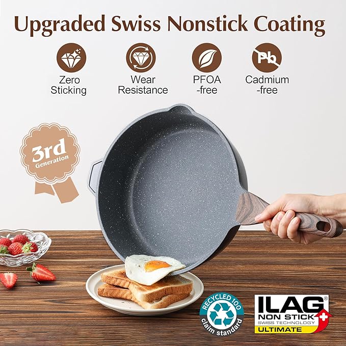SENSARTE Nonstick Deep Frying Pan Skillet, 11-inch Saute Pan with Lid, Stay-cool Handle, Chef Pan Healthy Stone Cookware Cooking Pan, Induction Compatible - Image 2