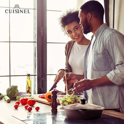 Cuisinel Cast Iron Skillet with Lid - 12"-Inch Frying Pan + Glass Cover + Silicone Handle Holder - PFAS and PFOA-free Pre-Seasoned Oven Safe Cookware - Indoor/Outdoor Use - Grill, BBQ, Fire, Stovetop