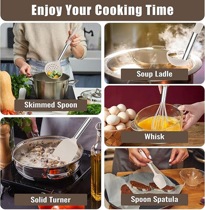 E-far 14 Pieces Silicone Cooking Utensils Set, Kitchen Utensils Set with Holder, Spatula, Ladle, Spoon, Tong, Slotted Turner for Nonstick Cookware, Heat Resistant & Stainless Steel Handle, Khaki - Image 5
