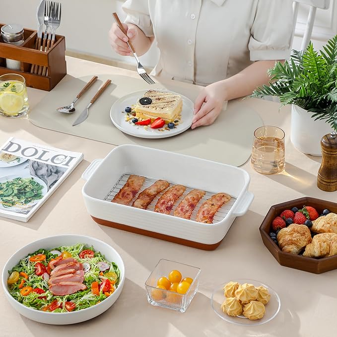 MALACASA Casserole Dishes for Oven with Roasting Racks, Ceramic Baking Dishes Set of 3, Baking Pan Casserole Dish Set, Rectangular Lasagna Pan Deep with Handles for Baking, Khaki White (14.5''/13''/10.5''), Series TARA - Image 5