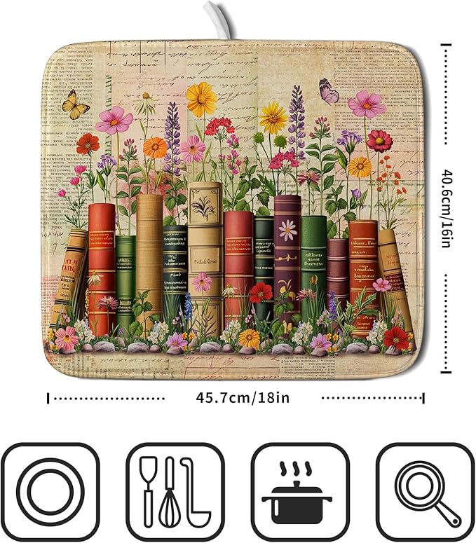 Colorful Books Kitchen Drying Mat - Watercolor Floral Drying Matt Kitchen Counter 16 X 18 In - Image 2