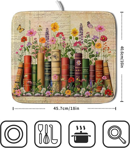 Colorful Books Kitchen Drying Mat - Watercolor Floral Drying Matt Kitchen Counter 16 X 18 In - Image 2