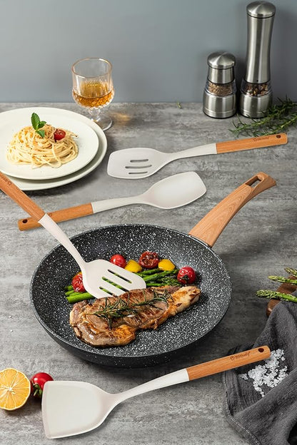 4PCS Silicone Cooking Spatula and Spoons Set, Nonstick Kitchen Utensils Set with Wood Handle, Heat Resistant Silicone Solid and Slotted Spatula Set with Turners, Serving Spoons(White)
