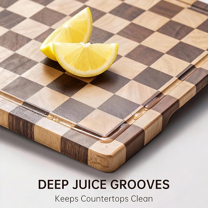 Checkerboard Cutting Boards for Kitchen, Acacia Wooden Cutting Board, End Grain Chopping Board with Juice Groove, Serving Tray for Meat, Vegetables, Fruits, Bread, Cheese, 14" X 11" X 0.8" - Image 4