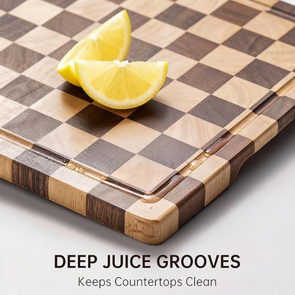 Checkerboard Cutting Boards for Kitchen, Acacia Wooden Cutting Board, End Grain Chopping Board with Juice Groove, Serving Tray for Meat, Vegetables, Fruits, Bread, Cheese, 14" X 11" X 0.8" - Image 4