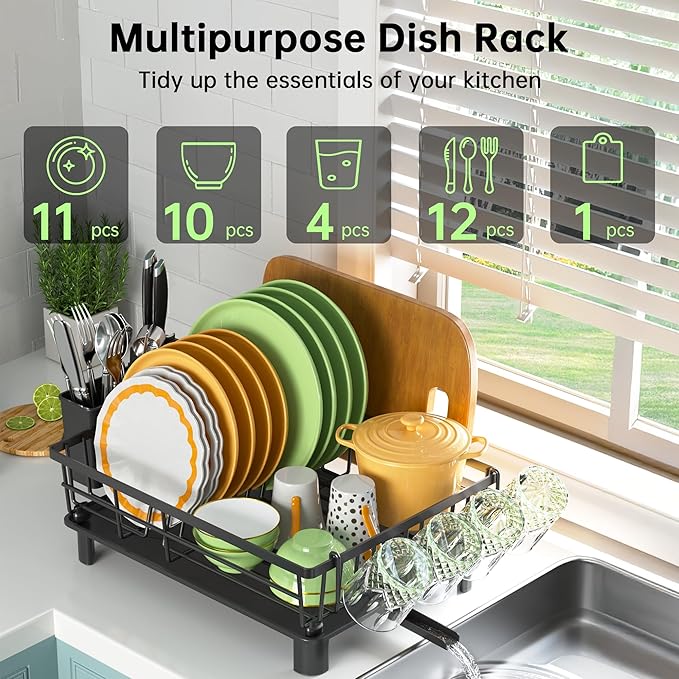 Dish Drying Rack, Dish Racks for Kitchen Counter, Detachable Dish Drainer with Drainboard, Utensil Holder, Cup Holder, Space Saving Kitchen Drying Rack for Small Home and Appartment, Black - Image 3