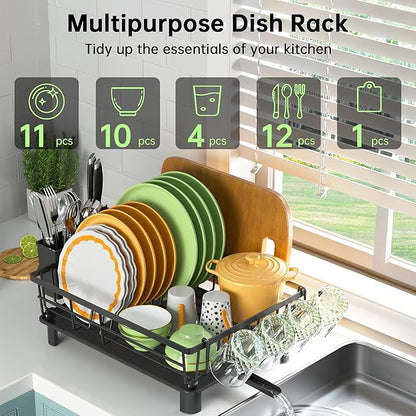 Dish Drying Rack, Dish Racks for Kitchen Counter, Detachable Dish Drainer with Drainboard, Utensil Holder, Cup Holder, Space Saving Kitchen Drying Rack for Small Home and Appartment, Black - Image 3
