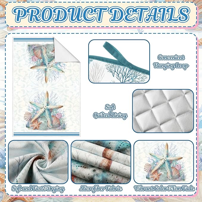 Jingmore 6 Pcs Kitchen Decor Set Accessorie Farmhouse Kitchen Towels Pot Holders and Oven Mitts Set 2 Dish Towels 2 Pot Holders 2 Cooking Mitten Oven Glove for Cooking(Blue,Coastal Starfish Shells) - Image 5