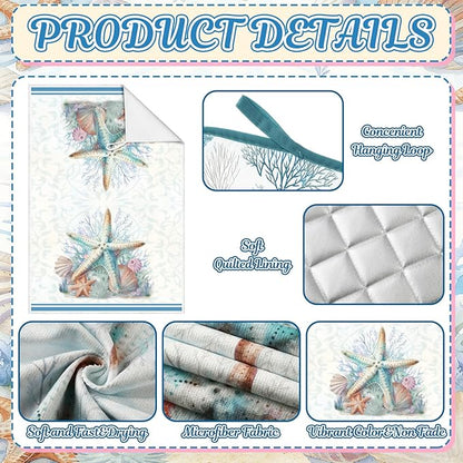 Jingmore 6 Pcs Kitchen Decor Set Accessorie Farmhouse Kitchen Towels Pot Holders and Oven Mitts Set 2 Dish Towels 2 Pot Holders 2 Cooking Mitten Oven Glove for Cooking(Blue,Coastal Starfish Shells) - Image 5