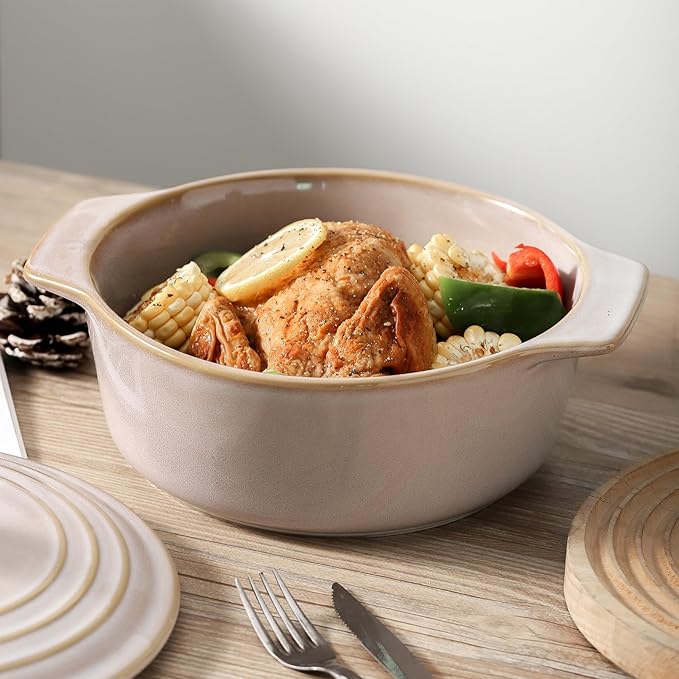HVH Ceramic Casserole Dish with Lid Oven Safe, 2 Quart Round Casseroles Dishes Set, 9 Inches Round Baking Dish with Lid Oven Safe, Deep Casserole Dishes for Oven for Dinner Party (Sand Color) - Image 2