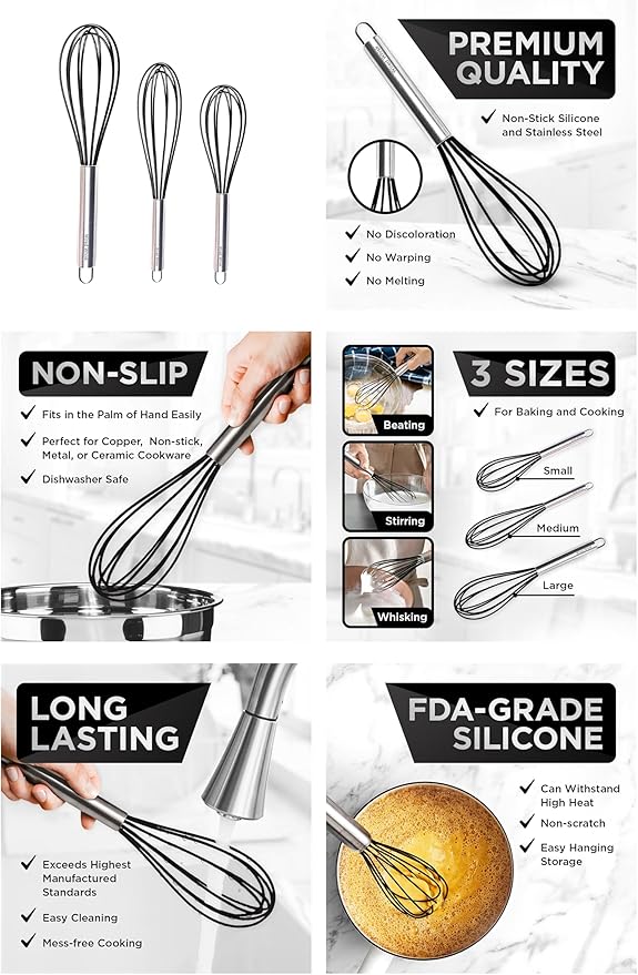 Silicone Whisk Set of 3 - Stainless Steel & Silicone Non-Stick Coating – wisking tool, Whisking, mini whisk, whisks for cooking (12-inch, 10-inch & 8.5-inch), egg whisk - Image 7