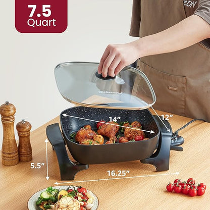 Elite Gourmet EG6201 Extra Deep 12"x12"x3.2" (7.5Qt.) Scratch Resistant Dishwasher Safe, Non-stick Electric Skillet with Glass Vented Lid, Adjustable Temperature, Black - Image 2