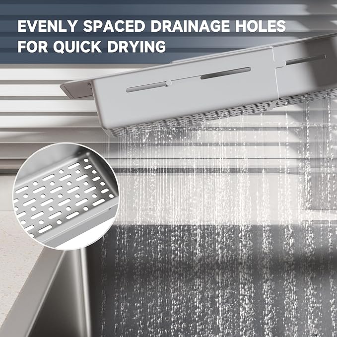 NiHome Extendable Sink Kitchen Organizer, Extra Long Telescopic Brush Storage Rack for Sponge, Non-Slip Pads Expandable Sink Caddy, Adjustable Sponge/Brush Rack with Drainage Durable ABS (Gray) - Image 8