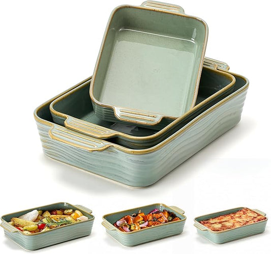 Ceramic Baking Dish Set of 3, Casserole Dishes for Oven, Square Porcelain Bakeware Set with Handles, Lasagna Baking Pan for Cooking, Perfect for Baking and Serving, Housewarming, Halloween, Thanksgiving, Christmas, New Year- Green by Jemirry
