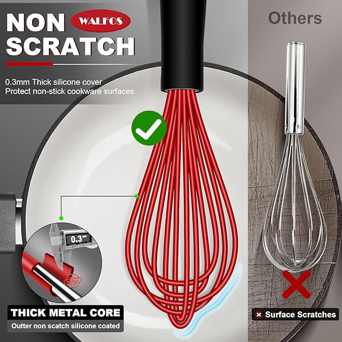 Walfos Whisk, Silicone Whisk Heat Resistant (480°F) Kitchen Whisks Set of 4- Professional Whisks For Cooking Non Scratch, Balloon Egg Wisk Perfect for Frothing, Blending, Beating - Image 2