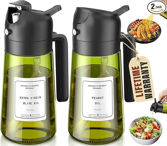 Vakoo Oil Sprayer for Cooking, 2 in 1 Oil Dispenser for Kitchen, 16oz/470ml Light-Blocking Dark Glass Olive Oil Spray Bottle, Air Fryer, Salad & BBQ (Black&Black)