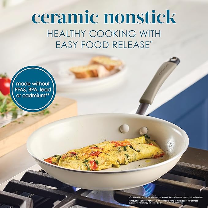 Rachael Ray Cucina Ceramic Cookware Set - 13 Pieces - Ceramic Pots and Pans Set w/Nonstick Frying Pans, Saute Pan, Saucepans, Stockpot, Lids, Pan Protectors & Cooking Utensils - Almond - Image 3