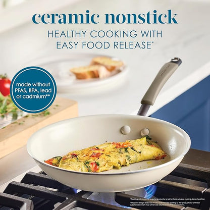 Rachael Ray Cucina Ceramic Cookware Set - 13 Pieces - Ceramic Pots and Pans Set w/Nonstick Frying Pans, Saute Pan, Saucepans, Stockpot, Lids, Pan Protectors & Cooking Utensils - Almond - Image 3