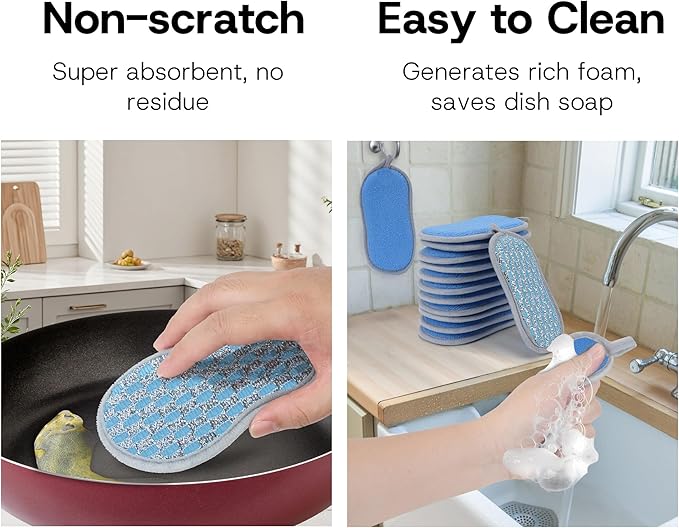 Multi-Purpose Scrub Sponges Kitchen – 12 Pack Dish Sponge, Dual-Sided Non-Scratch Microfiber & Metal Scrubber, Reusable Sponges for Dishes, Pots, Glass, Sink, Stovetop & Bathroom (Blue) - Image 4