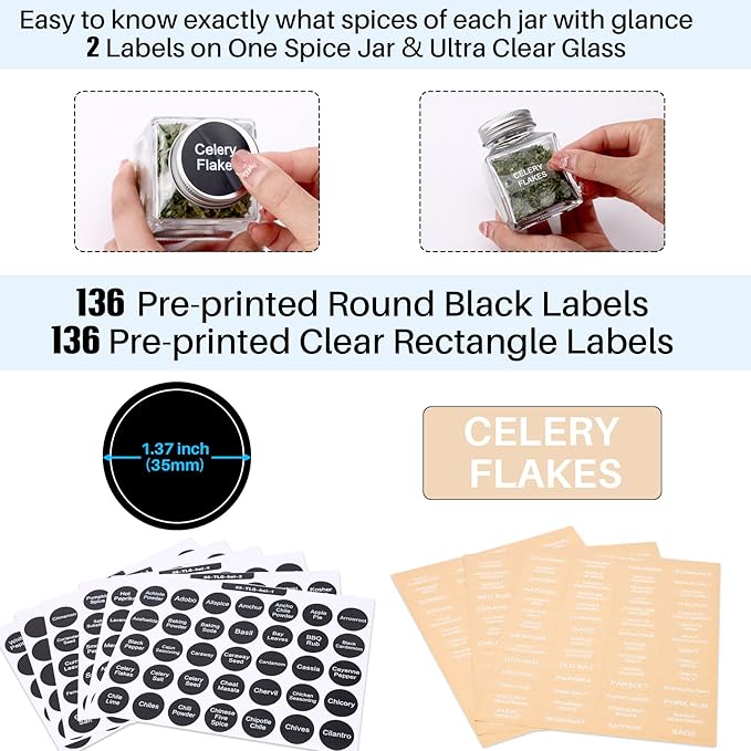 MIUKAA 49-Pack Cube Glass Spice Jars with 372 Labels, 49 Shakers, Lids, 4.5 oz Empty Square Spice Bottle, Reusable Clear Kitchen Spice Storage Containers - Image 5