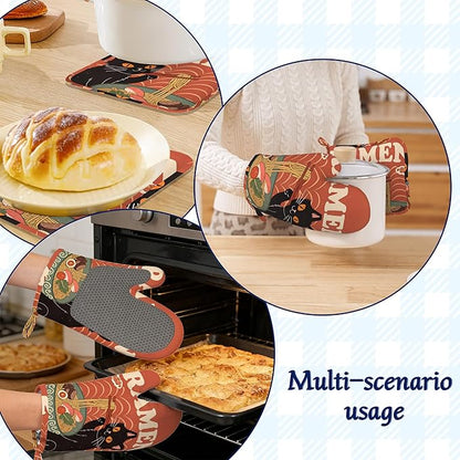 Black Cat Ramen Oven Mitts and Pot Holders Abstract Funny Silicone Kitchen Accessories Set of 4 Heat Resistant Non-Slip Long Gloves Potholder for Chef Cooking Baking Gifts Women Men