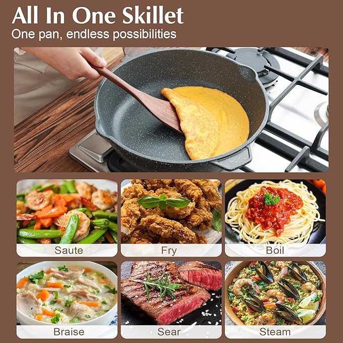 SENSARTE Nonstick Deep Frying Pan Skillet, 11-inch Saute Pan with Lid, Stay-cool Handle, Chef Pan Healthy Stone Cookware Cooking Pan, Induction Compatible - Image 6