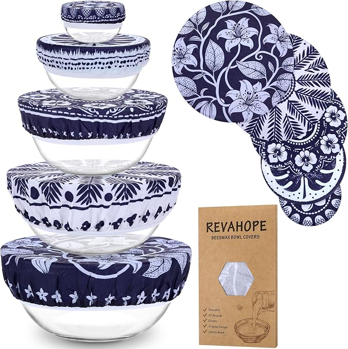 5-Size Reusable Beeswax Bowl Covers for Bread Proofing, Cotton Cloth Flexible Beeswax Wraps for Food Storage(Blue Lily) by Revahope