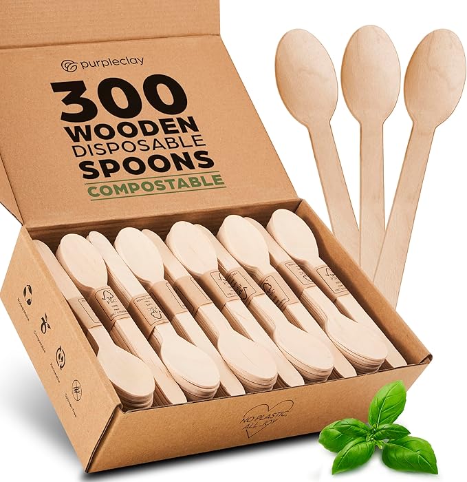 PURPLECLAY Disposable Wooden Spoons for Eating – 300 Pack Wooden Disposable Spoon, FSC Certified Wood Small Compostable Spoons, Biodegradable Wood Cutlery, Plastic-Free Utensils for Parties in Bulk by Purpleclay