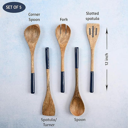 Folkulture Wooden Spoons for Cooking | 12" Premium Acacia Wooden Utensil Set of 5 - Smooth Finish, Soft Comfort Cooking Utensils Set for Kitchen, Gifts | Non Stick Wooden Cooking Utensils Set of 5