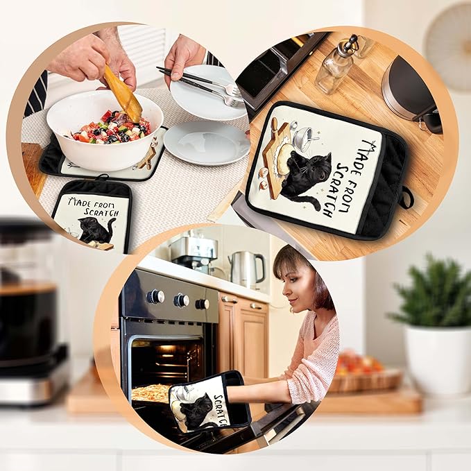 Black Cat Baking Pot Holders with Pockets, Made from Scratch Funny Black Cat Oven Pot Holders Heat Resistant Oven Mitts Hot Pads for Kitchen Baking Cooking