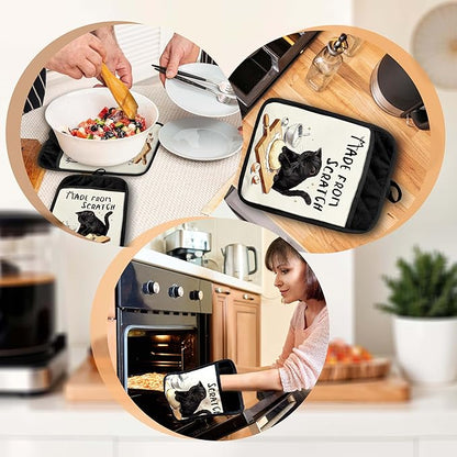 Black Cat Baking Pot Holders with Pockets, Made from Scratch Funny Black Cat Oven Pot Holders Heat Resistant Oven Mitts Hot Pads for Kitchen Baking Cooking