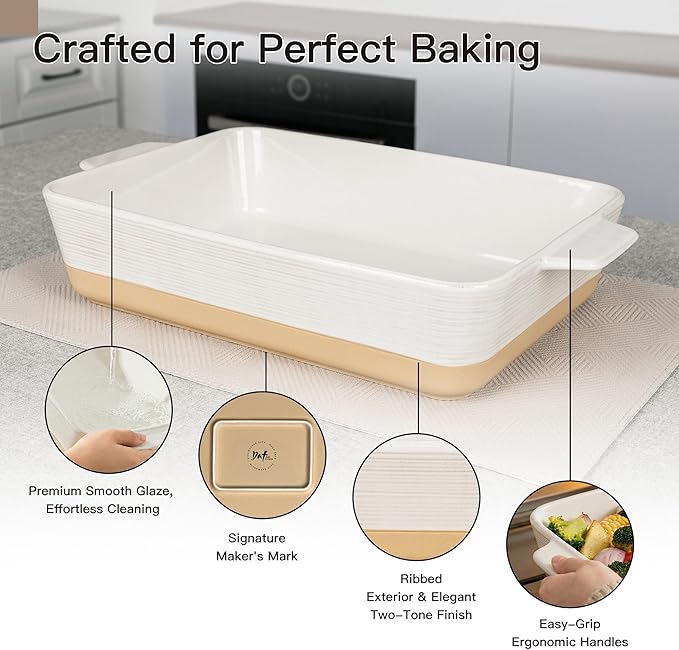 Dafuceramic Casserole Dish for Oven, 4.2 QT Baking Dish, 9x13 Large Porcelain Baking Pan, Durable Rectangular Lasagna Pan Deep with Handles, Microwave Oven Safe, Home Decor, Wedding Gift (Khaki & White) - Image 5