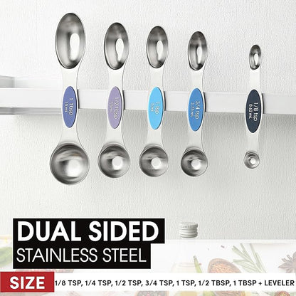 Spring Chef Stainless Steel Magnetic Measuring Spoons Set of 8 with Leveler, Dual Sided Metal Teaspoon & Tablespoon Measuring Spoons, Nesting Kitchen Gadgets for Baking & Cooking - Winter Frost - Image 3