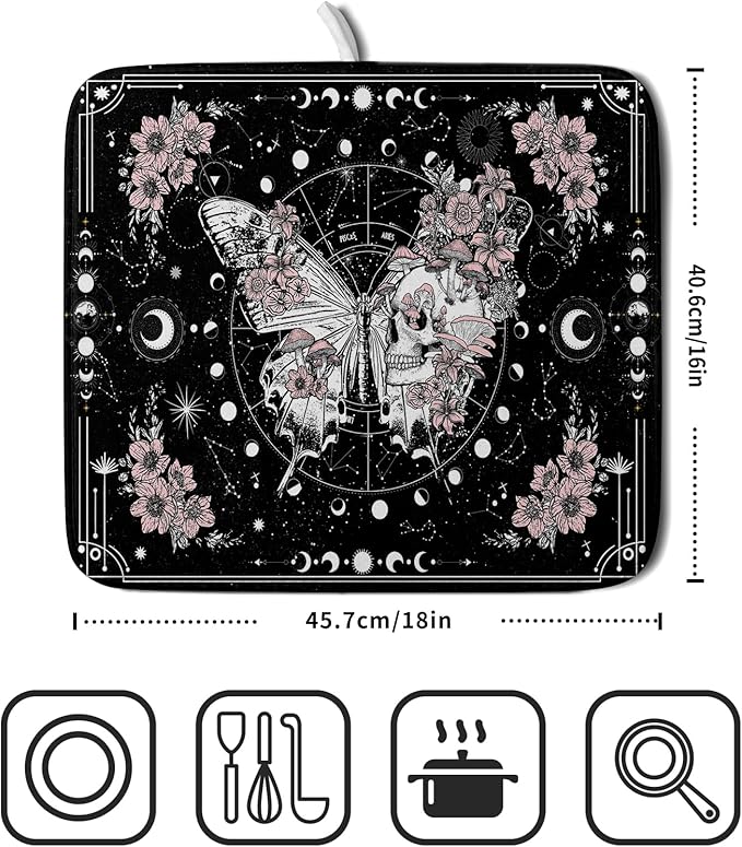 Skeleton Butterfly Dish Drying Mat Black Skull Absorbent Dish Drainer for Kitchen Counter Holiday Decor - Image 2