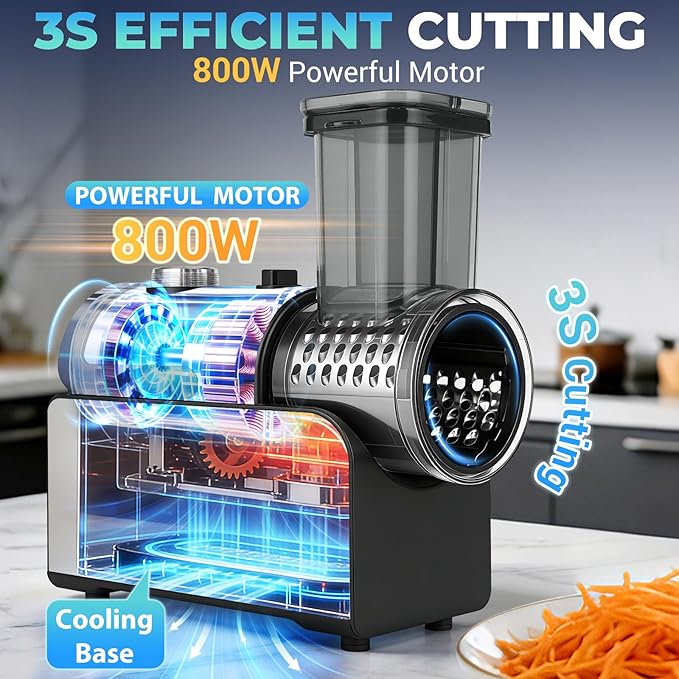 5-IN-1 Electric Cheese Grater, 800W Stainless Steel Electric Salad Machine, 3S Efficient Cutting, Electric Cheese Grater for Block Cheese, Potato, Carrot, Cabbage, Fruits, Nuts（Silver）