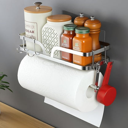 ZUNTO Wall Mount Paper Towel Holder with Shelf, Self Adhesive or Drilling, Stick on Wall Paper Towel Bar Spice Rack for Kitchen, Garage Organizer and Storage, Silver by ZUNTO