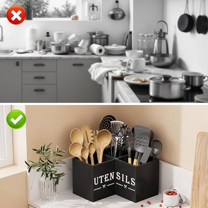 ZUJJAFY Utensil Holder for Kitchen Counter, Corner Kitchen Utensil Holder for Countertop with 3 Compartments, Wooden Cooking Utensil Organizer for Spatula Storage, Black