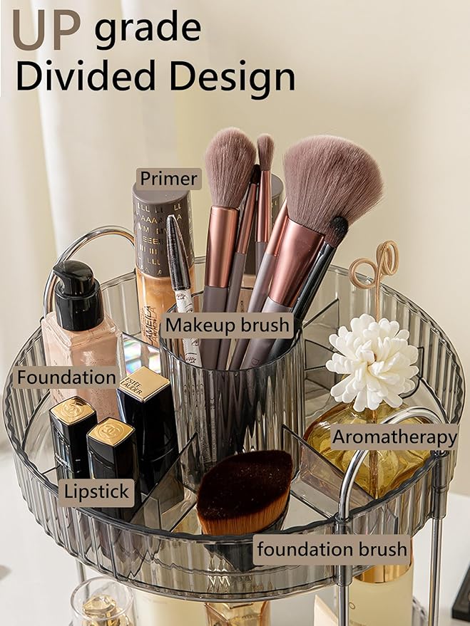 Asayuee 360 Rotating Makeup Organizer,3 Tier Large Capacity Make Up Organizers and Storage,Skincare Perfume Vanity Organizers,Bathroom Cosmetics Storage Organizer Countertop(Grey) - Image 2