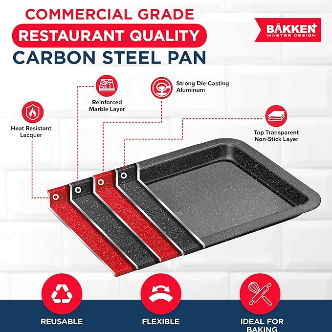 BAKKEN Kitchen Baking Pans - Nonstick Gray Coating, 13.18’’ × 8.66’’ Commercial Grade Carbon Steel Cookie Sheet, Baking Kitchen Essentials, PFOA, PFOS, PTFE Free, Oven Safe Tray (450° F), Gray - Image 3