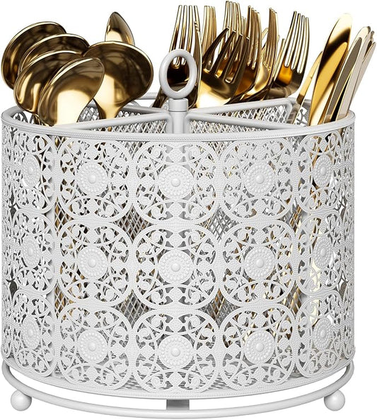 YIUKEA Rotating Utensil Caddy Holder - Higher Raised Cutlery Caddy Countertop - Metal Silverware Caddy Organizer with 4 Compartment for Kitchen Counter Party Office white by YIUKEA