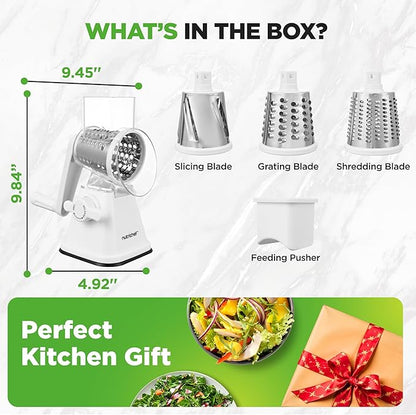 NutriChef 3 in 1 Cheese Grater & Shredder | Strong Suction Base, Rotary Handle with Safety Lock | Includes Hand Crank & 3 Drum Blades for 3 Textures, Fine, Medium & Strips | White - Image 8