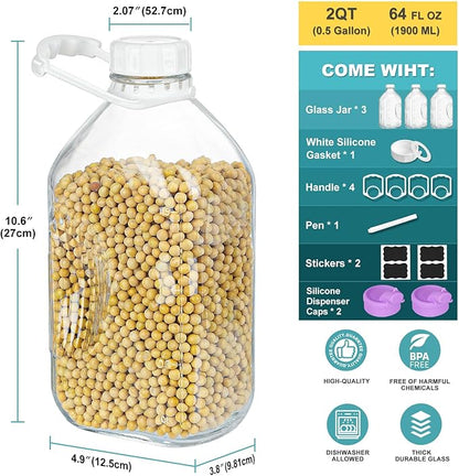 Ritayedet 3 Pack 64 Oz Heavy Duty Glass Milk Bottle with 2 Silicone Spouts, 4 Handles and 4 Reusable Airtight SCREW LIDS, 2 Qt Glass Water Bottle with 2 Exact Scale Lines - Milk & Juice Jug Pitcher