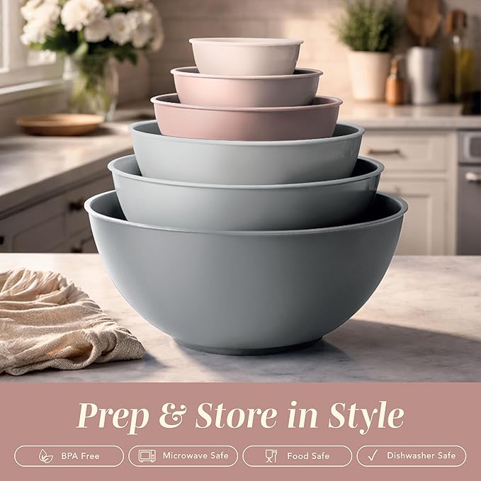 COOK WITH COLOR Mixing Bowls with TPR Lids - 12 Piece Plastic Nesting Bowls Set includes 6 Prep Bowls and 6 Lids, Microwave Safe Mixing Bowl Set (Pink Ombre) - Image 3