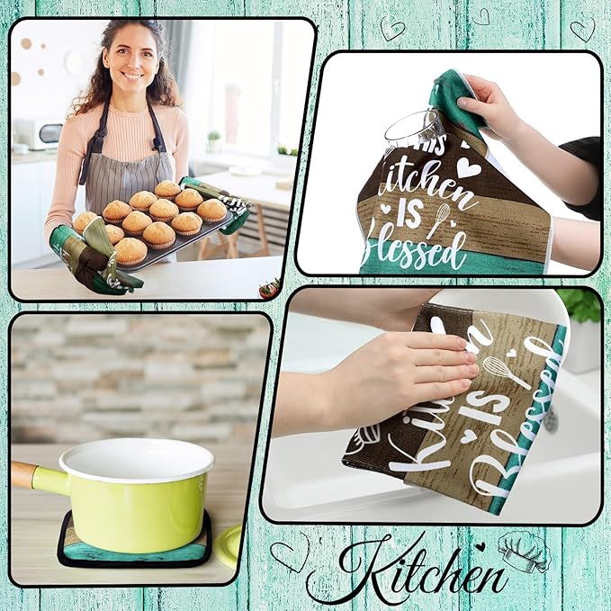 Fourluoo 10 Pcs Farmhouse Kitchen Decor and Accessories Set 4 Kitchen Towels 2 Pot Holders 2 Oven Mitts 2 Rugs for Cooking Baking Mom Housewarming Gifts(Green,Classic Style) - Image 4