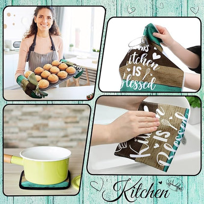 Fourluoo 10 Pcs Farmhouse Kitchen Decor and Accessories Set 4 Kitchen Towels 2 Pot Holders 2 Oven Mitts 2 Rugs for Cooking Baking Mom Housewarming Gifts(Green,Classic Style) - Image 4