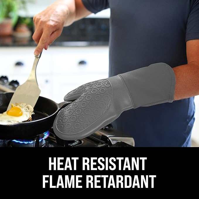 BPA-Free Soft Silicone Oven Mitts - Ultra Heat Resistant Oven Mitts with Thick Cotton Liner - Long Slip Resistant Pot Holders, Flexible Oven Gloves - Gray 13.7" - Image 3