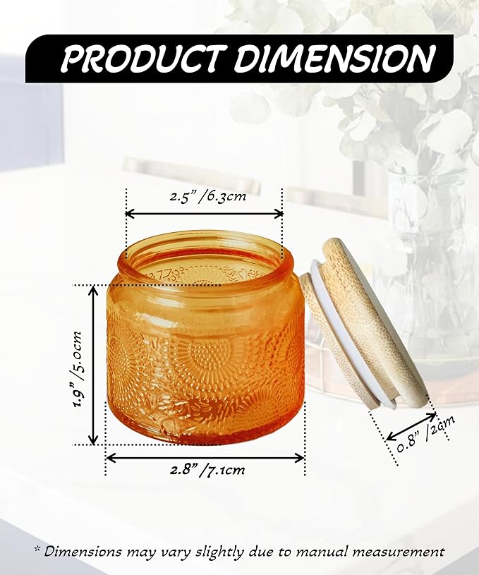 4 oz Amber Mini Glass Jars with Airtight Bamboo Lids 12 pack, Decorative Small Food Storage Canister, Vintage Embossed Home Décor Candle Parties Wedding Baby Shower Favors Gift
