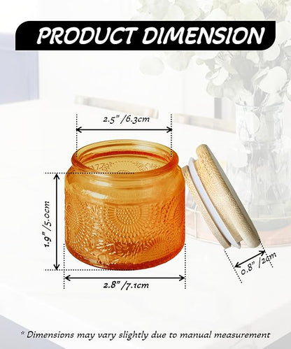 4 oz Amber Mini Glass Jars with Airtight Bamboo Lids 12 pack, Decorative Small Food Storage Canister, Vintage Embossed Home Décor Candle Parties Wedding Baby Shower Favors Gift
